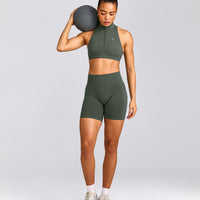 EasyLift™ Zip High Neck Sports Bra with Gray Logo | Dark Khaki
