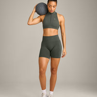 EasyLift™ Zip High Neck Sports Bra with Grey Logo | Dark Khaki