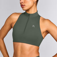 EasyLift™ Zip High Neck Sports Bra with Gray Logo | Dark Khaki