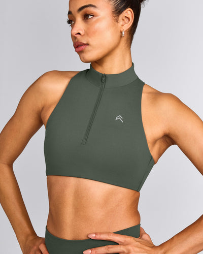 EasyLift™ Zip High Neck Sports Bra with Gray Logo | Dark Khaki