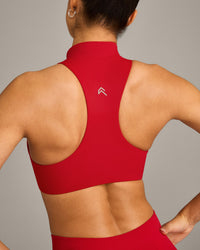 EasyLift™ Zip High Neck Sports Bra with Grey Logo | Fiery Red