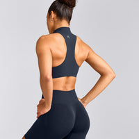 EasyLift™ Zip High Neck Sports Bra with Gray Logo | True Blue