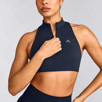 EasyLift™ Zip High Neck Sports Bra with Gray Logo | True Blue