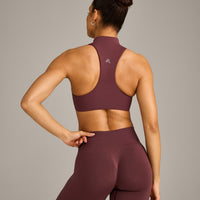 EasyLift™ Zip High Neck Sports Bra with Grey Logo | Velvet Mocha