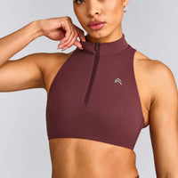 EasyLift™ Zip High Neck Sports Bra with Gray Logo | Velvet Mocha