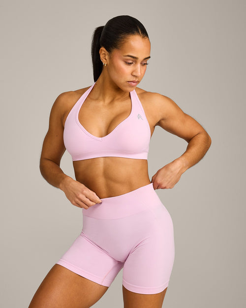 Oner Modal EffortlessLift™ Seamless Halter Neck Sports Bra with Grey Logo | Chalk Pink