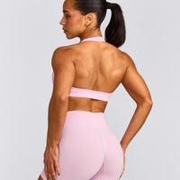 EffortlessLift™ Seamless Halter Neck Sports Bra with Gray Logo | Chalk Pink