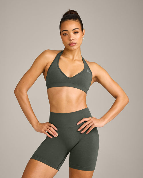 Oner Modal EffortlessLift™ Seamless Halter Neck Sports Bra with Grey Logo | Dark Khaki