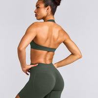 EffortlessLift™ Seamless Halter Neck Sports Bra with Gray Logo | Dark Khaki