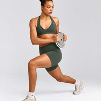 EffortlessLift™ Seamless Halter Neck Sports Bra with Gray Logo | Dark Khaki