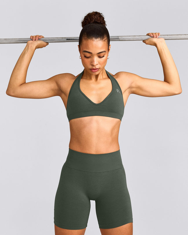 EffortlessLift™ Seamless Halter Neck Sports Bra with Gray Logo | Dark Khaki