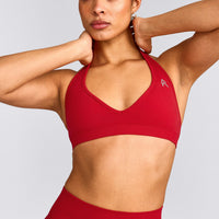EffortlessLift™ Seamless Halter Neck Sports Bra with Gray Logo | Fiery Red