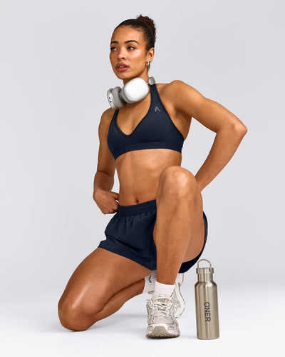 EffortlessLift™ Seamless Halter Neck Sports Bra with Gray Logo | True Blue