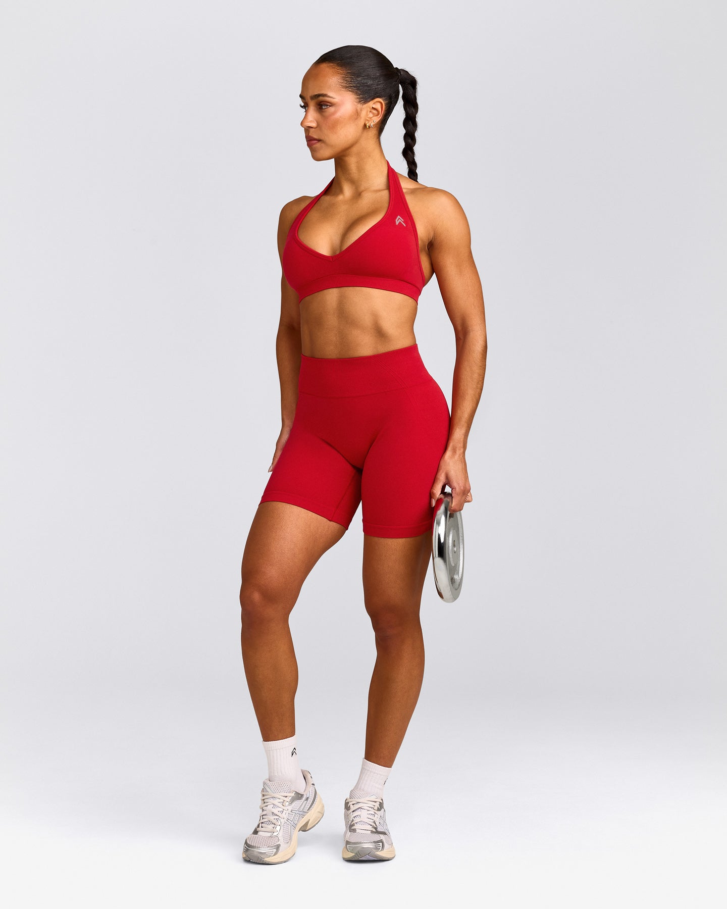 EffortlessLift™ Seamless Mid Rise Shorts with Gray Logo | Fiery Red