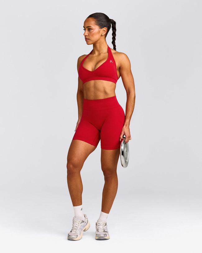 EffortlessLift™ Seamless Mid Rise Shorts with Gray Logo | Fiery Red