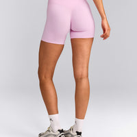 SoftMotion™ High Waisted Shorts 6" with Gray Logo | Chalk Pink
