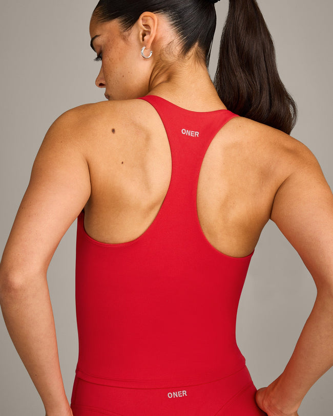 SoftMotion™ Racer Back Mid Vest with Built in Bra Shelf with Grey Logo | Fiery Red