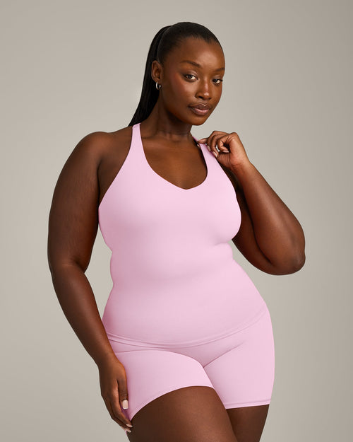 Oner Modal SoftMotion™ Racer Back Vest with Built in Bra Shelf with Grey Logo | Chalk Pink