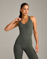 SoftMotion™ Racer Back Vest with Built in Bra Shelf with Grey Logo | Dark Khaki