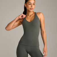 SoftMotion™ Racer Back Vest with Built in Bra Shelf with Grey Logo | Dark Khaki