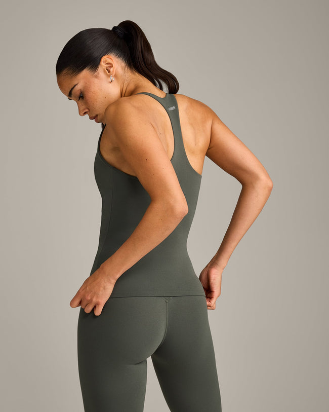 SoftMotion™ Racer Back Vest with Built in Bra Shelf with Grey Logo | Dark Khaki
