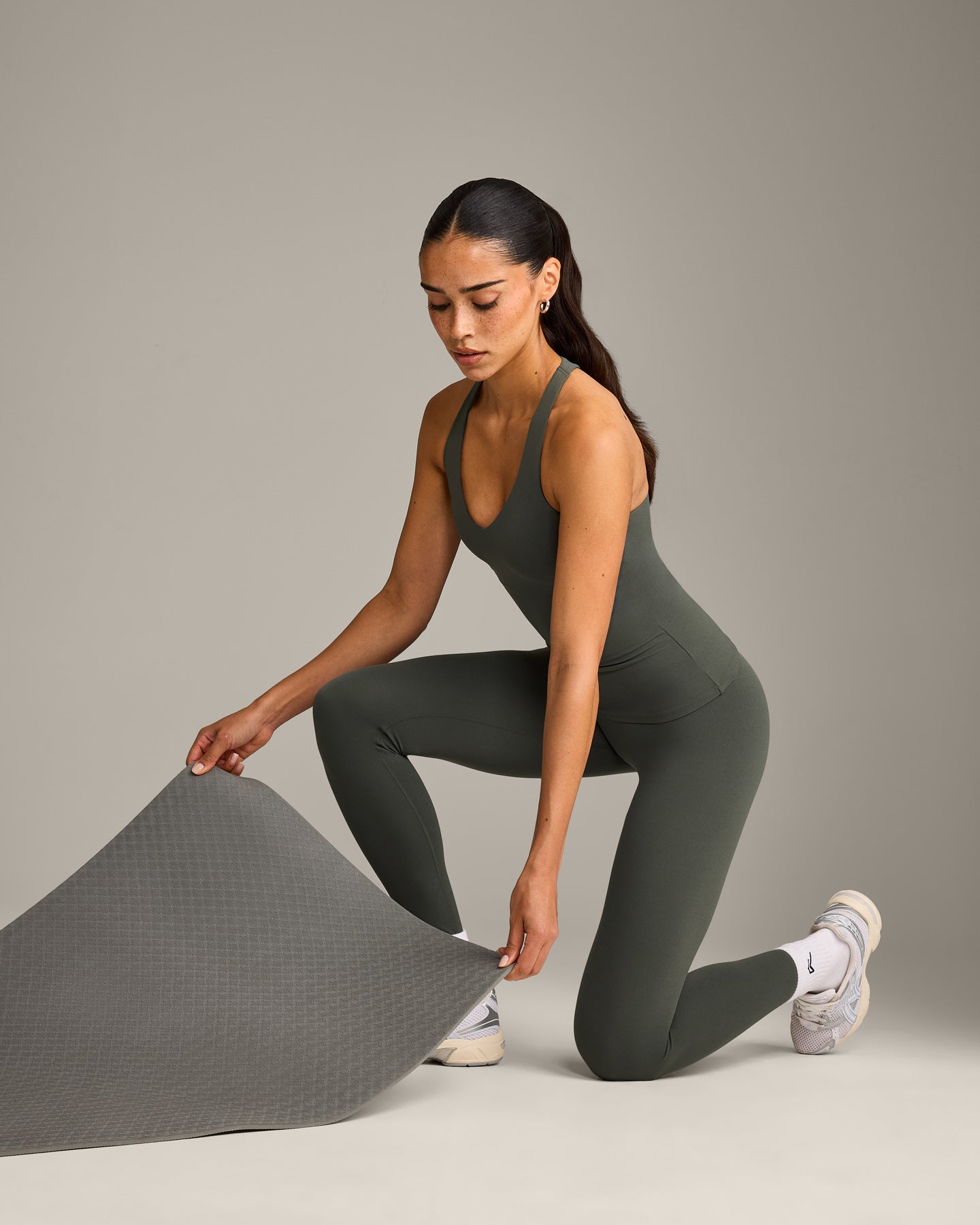 SoftMotion™ Racer Back Vest with Built in Bra Shelf with Grey Logo | Dark Khaki