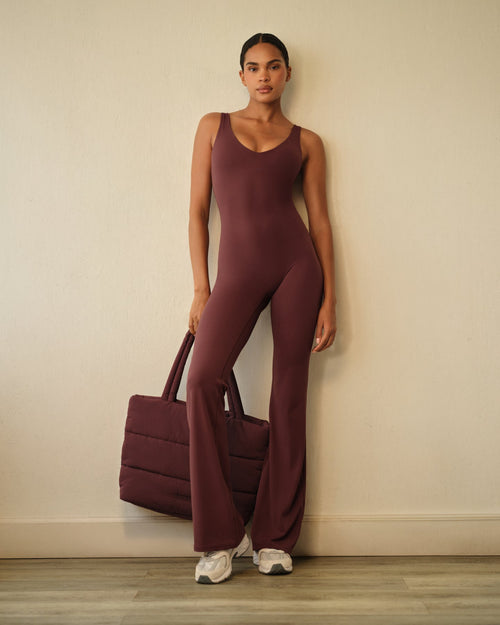 SoftMotion™ Scoop Back Flared All In One Long with Grey Logo | Velvet Mocha