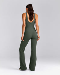 SoftMotion™ Scoop Back Flared All In One Long with Gray Logo | Dark Khaki