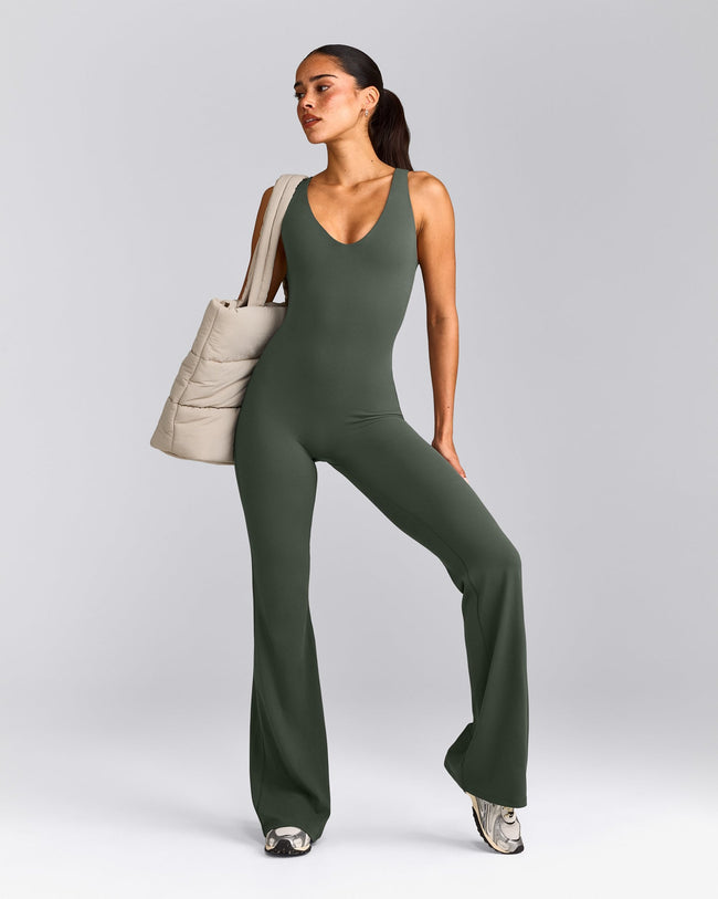 SoftMotion™ Scoop Back Flared All In One Long with Gray Logo | Dark Khaki
