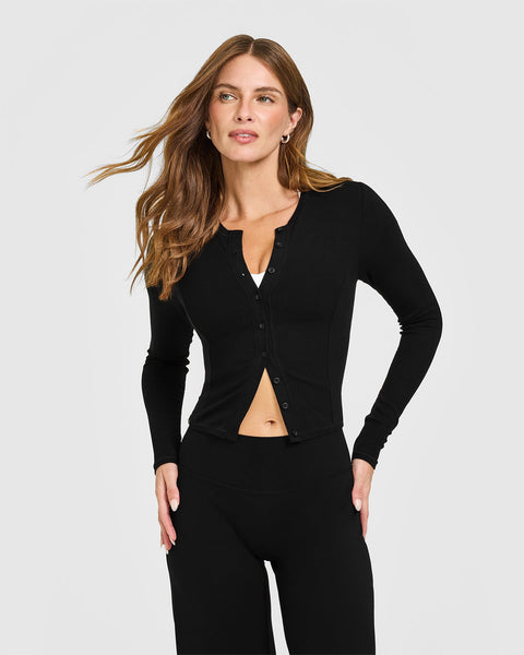 トップス hibiniti mellow long rib cardigan Mellow™ Rib Mid Long Sleeve Cardigan in Black | Oner Active