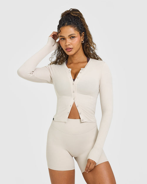 Oner Modal Mellow™ Rib Mid Long Sleeve Cardigan | Sand