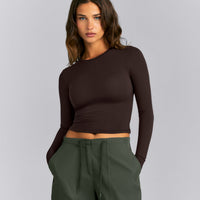 Fitted Cotton Long Sleeve Crew Neck Top | 70% Cocoa