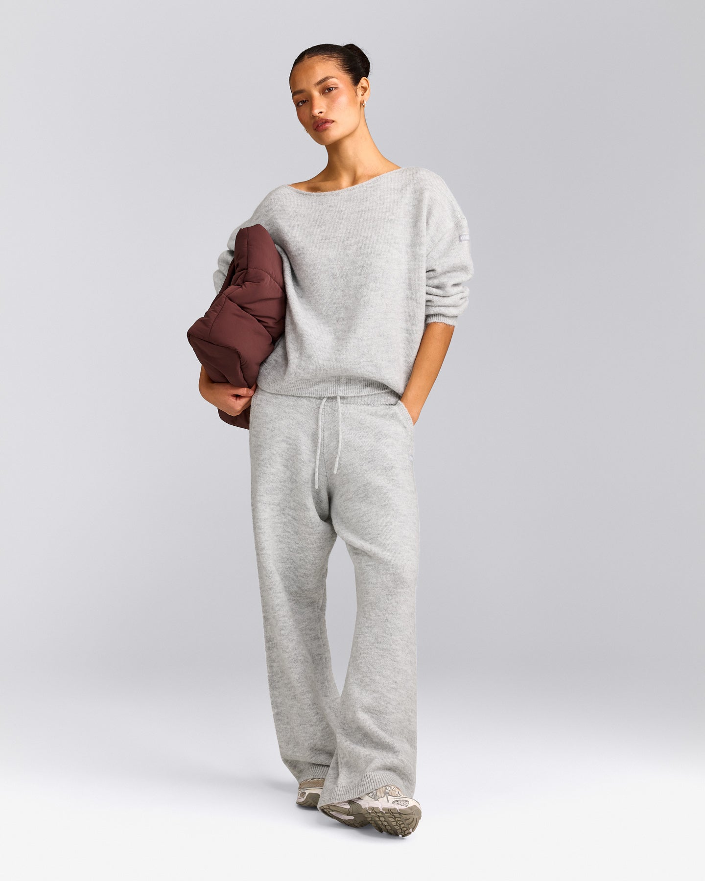 Oversized Knit Off-The-Shoulder Sweater | Light Gray Marl