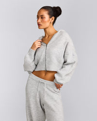 Oversized Knit Zip Up Mid Hoodie | Light Gray Marl