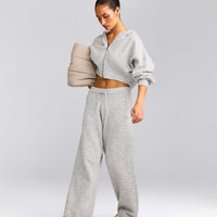 Oversized Knit Zip Up Mid Hoodie | Light Gray Marl