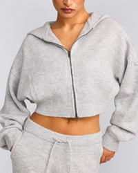 Oversized Knit Zip Up Mid Hoodie | Light Gray Marl