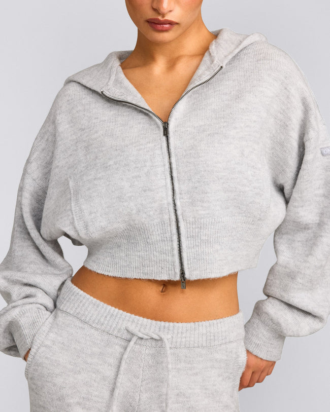 Oversized Knit Zip Up Mid Hoodie | Light Gray Marl