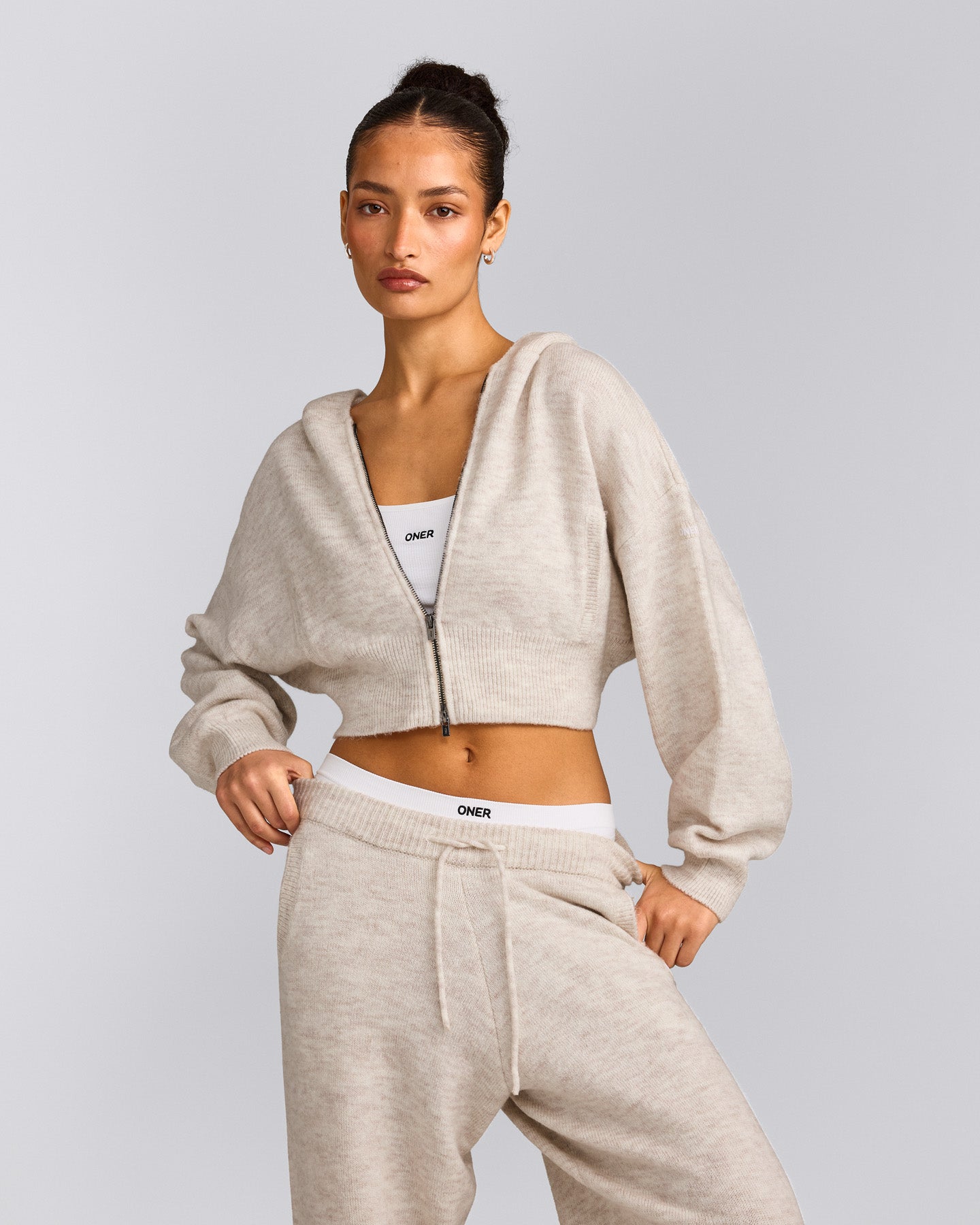 Oversized Knit Zip Up Mid Hoodie | Oat Marl