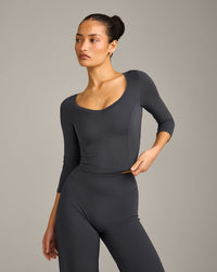 Mellow™ Motion Wide V Neck 3/4 Length Sleeve Mid Top | Coal