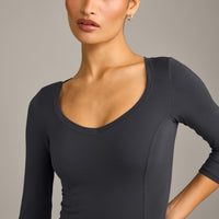 Mellow™ Motion Wide V Neck 3/4 Length Sleeve Mid Top | Coal