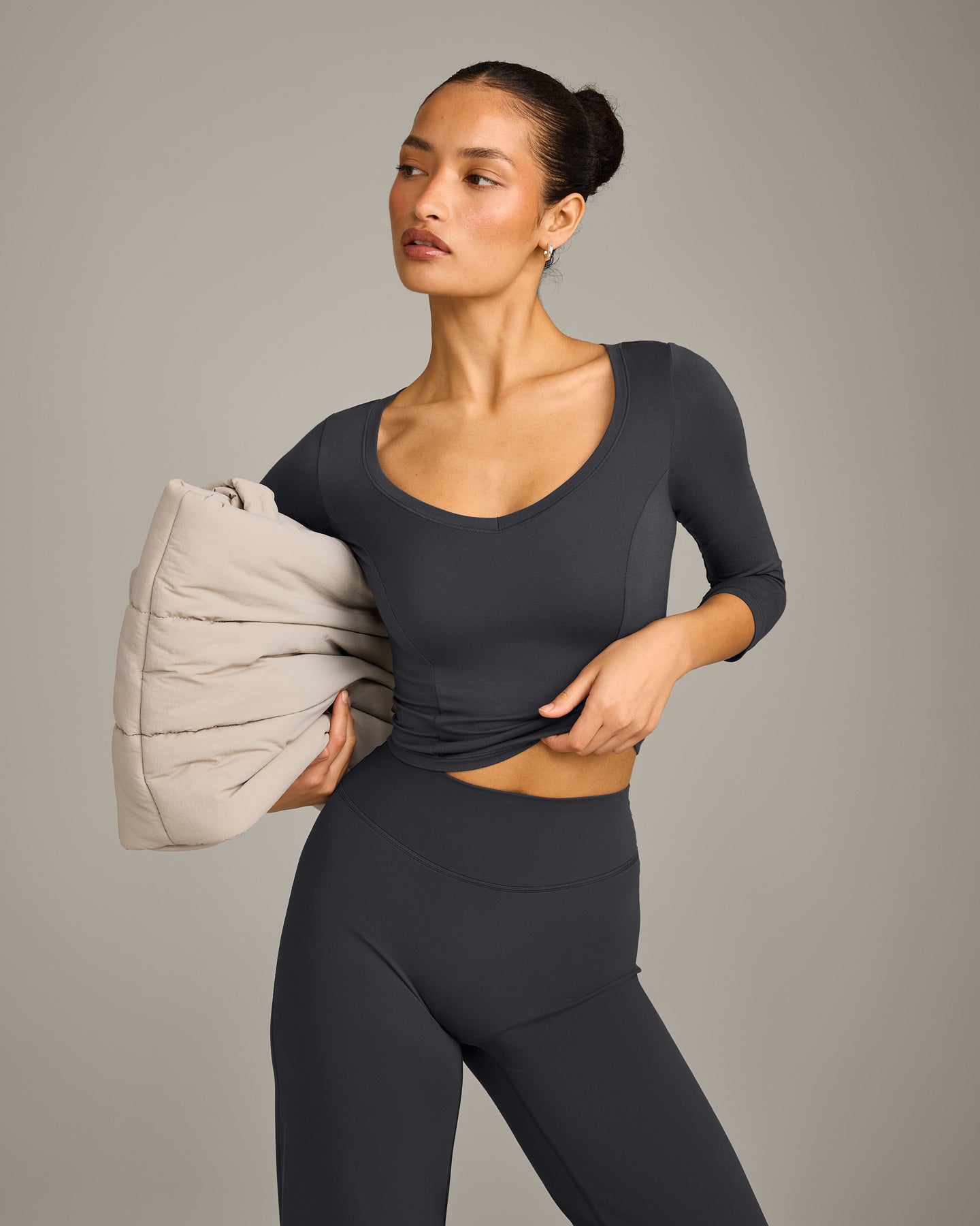 Mellow™ Motion Wide V Neck 3/4 Length Sleeve Mid Top | Coal