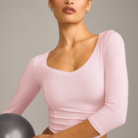 Mellow™ Motion Wide V Neck 3/4 Length Sleeve Mid Top | Soft Girl Pink