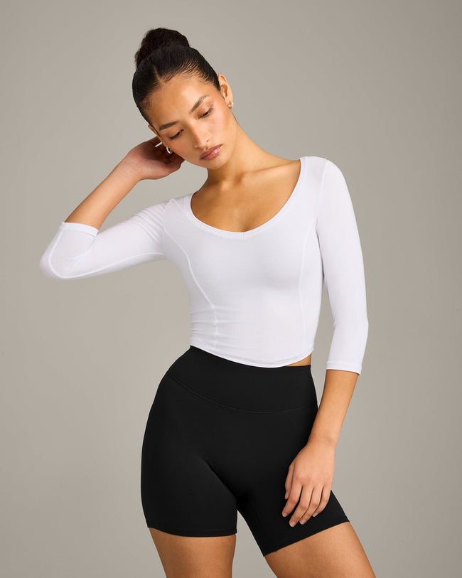 Mellow™ Motion Wide V Neck 3/4 Length Sleeve Mid Top | White
