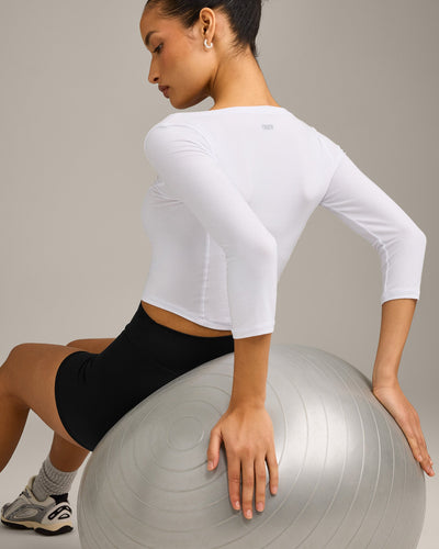 Mellow™ Motion Wide V Neck 3/4 Length Sleeve Mid Top | White