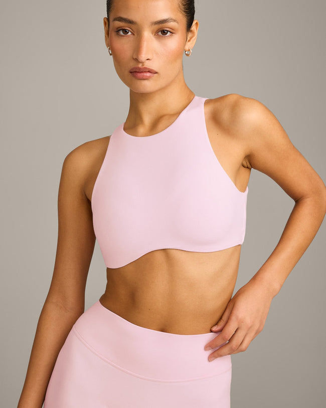 SoftMotion™ High Neck Sports Bra with Grey Logo | Soft Girl Pink