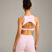 SoftMotion™ High Neck Sports Bra with Grey Logo | Soft Girl Pink