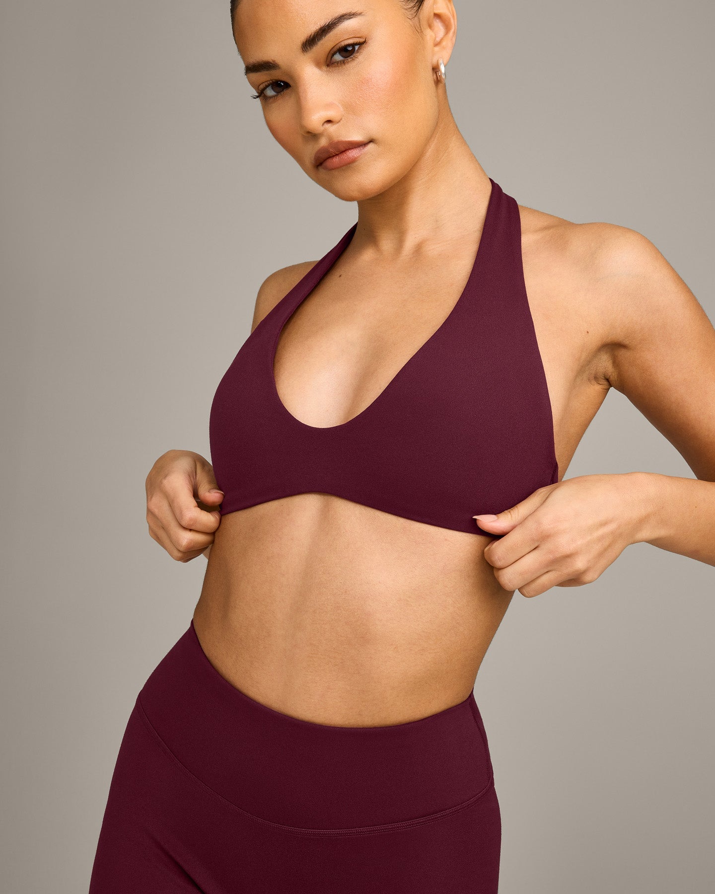 SoftMotion™ Minimal Halter Neck Bralette with Grey Logo | Cherry Lacquer Purple