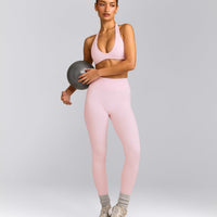 SoftMotion™ Minimal Halter Neck Bralette with Grey Logo | Soft Girl Pink