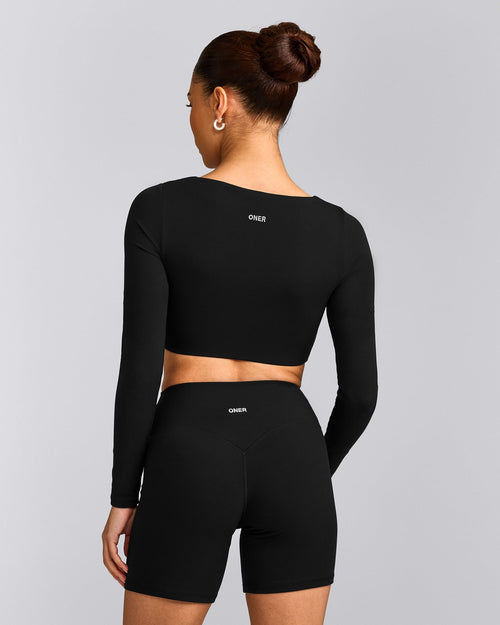 SoftMotion™ Scoop Neck Long Sleeve Crop Top with Built in Bra Shelf | Black