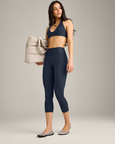 SoftMotion™ 3/4 Length Leggings with Grey Logo | True Blue